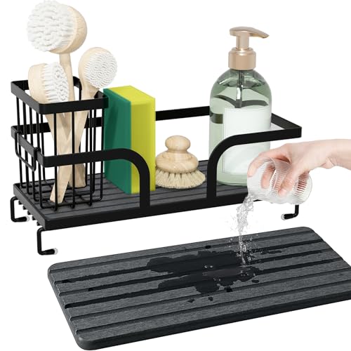 Sponge Holder for Kitchen Sink,Sink Caddy Organizers with Stone Drying Tray, Kitchen Sink Organizer for Sponges, Soap, 9.7" x 4.2"x 2.6" Home Decor Storage and Organization,1PCS Black - color: Black, size: B 1PCS