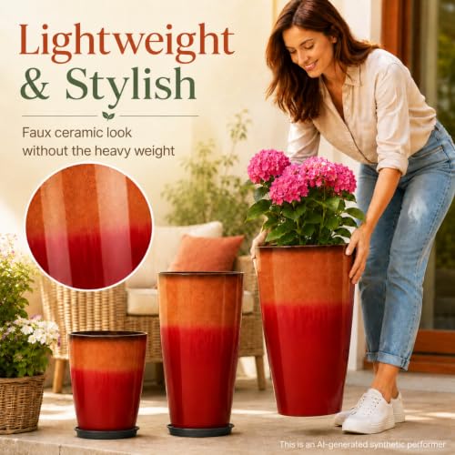 Neoaider Set of 3 Tall Planter, 24/21/12in Large Plastic Planter, Firey Red | Ceramic-Look, Lightweight, Built-in Drain Hole, Saucers, Tall Outdoor Planter for Porch, Garden, Patio, Balcony - color: Fiery Red