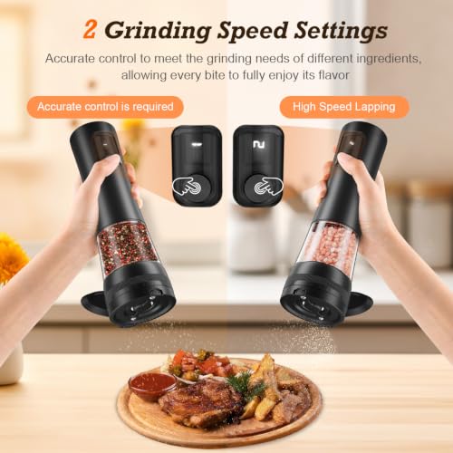 Flelano Electric Salt and Pepper Grinder Set, Automatic Refillable Salt and Pepper Shakers 2-Speed Setting with LED Light and 5 Adjustable Coarseness,Practical and Convenient Kitchen Gadgets,All-Black - color: All-Black