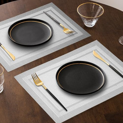 Placemats Set of 6, Heat Resistant Place Mats, Washable PVC Table Mats, Woven Vinyl Placemats, Non-Slip Stain Resistan Plastic Placemats for Table (Silver, 6) - color: Silver