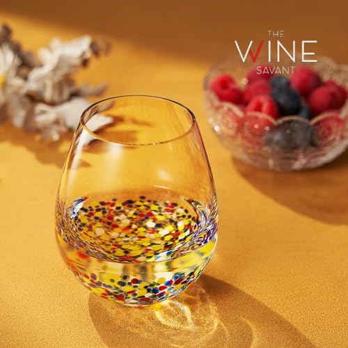 Large Stemless Wine Glasses – Set of 2-14oz Luxury Hand Blown Confetti Margaritas, Martini, Cocktails, Water, Wine, Dessert & Champagne Glasses Cinco de Mayo, Hand Blown - Mexican Confetti Glass - style: Mexican Confetti Wine Glass