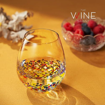 Large Stemless Wine Glasses – Set of 2-14oz Luxury Hand Blown Confetti Margaritas, Martini, Cocktails, Water, Wine, Dessert & Champagne Glasses Cinco de Mayo, Hand Blown - Mexican Confetti Glass - style: Mexican Confetti Wine Glass