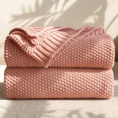 100% Cotton Cable Knit Throw Blanket, Large Lightweight Soft Knit Blanket for Sofa Couch Bed, Breathable All-Season Throw, Cozy Decorative Blanket, 60 x 80 Inch,Pink - color: Pink, size: Twin(60" X 80")