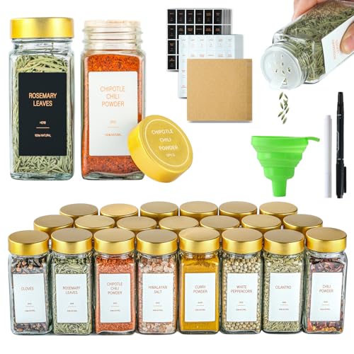 Gold Spice Jars with Label，4oz Seasoning Containers, Glass Spice Bottles with Shaker Lids,Funnel, Chalk Pen for Cabinet，Drawer，Rack(24)