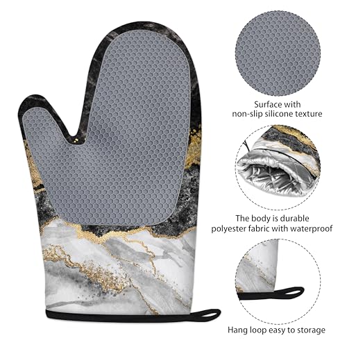 Black Gold Oven Mitts and Pot Holders Sets Marble Kitchen Accessories of 4 Heat Resistant Oven Gloves Hot Pads with Non-Slip Silicone Surface for Chef Cooking Baking - color: Black & Gold