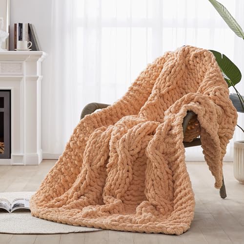 Chunky Knit Blanket Throw - 100% Hand Knitted Chunky Soft Throw Blanket for Couch, Thick and Warm Blanket for Winter, Light Yellow, 40x50 Inches - color: Light Yellow, size: Throw (40" x 50")