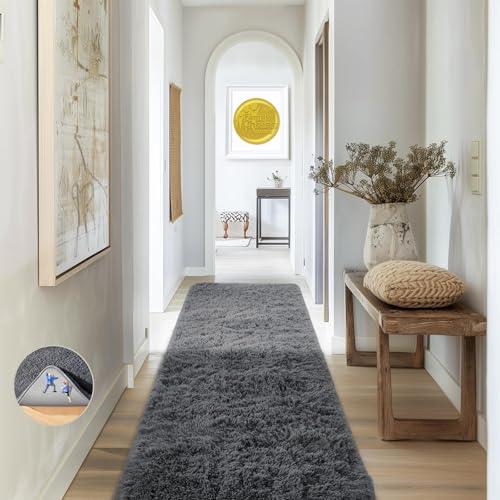 Ophanie 2x8 Runner Rug for Hallway, Upgrade Non-Slip Fluffy Soft Bedside Rugs, Bedroom Living Room Grey Shaggy Gray Carpet for Kids Dorm Home Decor with Over 99 pcs Pile fibers - color: 1- Grey, size: 2' x 8' (Rectangular)