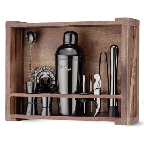 Mixology & Craft Rustic Cocktail Shaker Set – Includes Wood Stand, Complete Barware Kit with 24 Oz Shaker, Dual Jiggers, Pourers, Muddler, Strainer – Perfect for Home Bartenders (Gun-Metal Black) - color: Gun-metal Black
