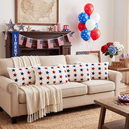 Tiamon 4 Pcs Patriotic 4th of July Throw Pillow Covers 11.8 x 19.7 Inch Red White Blue Stars Plush 3D Embroidered Pillow Cases USA Flag Independence Veteran's Day Cushion Covers for Bed Sofa Couch - style: Patriotic Rectangle