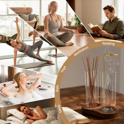 2 in 1 Incense Holder,Wood Incense Sticks Holder with Glass Ash Catcher and Brush,Upside Down Anti-Ash Incense Stick Burner for Spa,Meditation,Home Decor