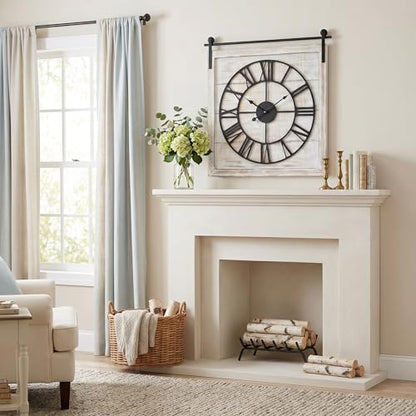 24 Inch Large Rustic Wall Clock, Farmhouse Square Wood Frame with Black Metal Barn Door Style Hanging Rod, Silent Non-Ticking Quartz Movement, for Living Room, Fireplace, or Dining Room - color: Beige