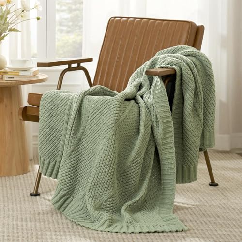 Knit Throw Blanket, Soft Chenille Cozy Breathable Chevron Chunky Decorative Blanket for Couch, Bed & Sofa, French-Inspired Lightweight Warm Gift for Women, Sage Green, 50"x60" - color: Chervon Sage Green, size: Chervon Knit 50"x60"