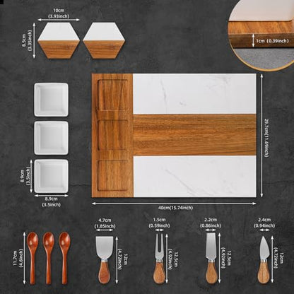 Charcuterie Board Set, Marble Cheese Boards, 15.74“ Wood - Marble Cheese Board Set for Couples 2026, Valentine's Day, Bridal Shower, Housewarming Gifts New Home, Gifts for Women