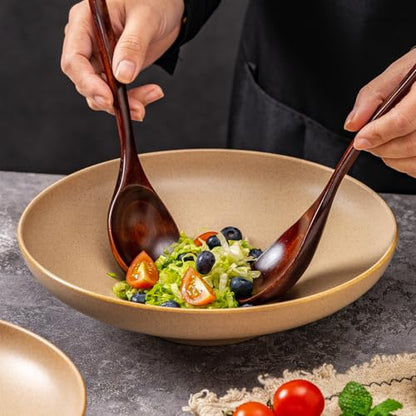 Ceramic Serving Bowls with Wooden Spoons Set of 2, Large Serving Bowl for Dinner Salad Soup Pasta Dessert Fish Fruit Chicken Bread, Oven Dishwasher Safe, 50oz Bowl for Entertaining, 9.75" - color: Yellow