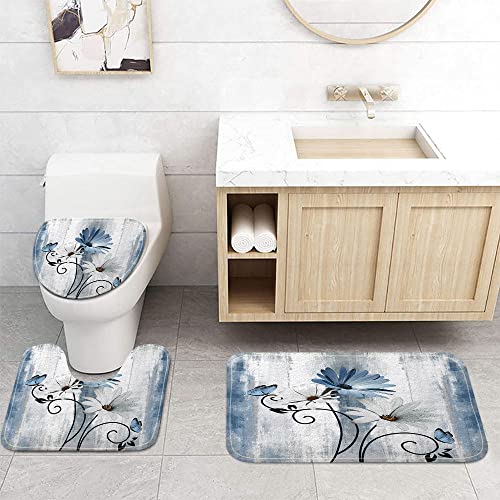 Rustic Farmhouse Bath Mat Set, Farm Blue Daisy Floral Flowers and Butterfly on Country Wooden Bathroom Mat Set with Non-Slip Bath Rug, Soft Toilet Lid Cover and Contour Mat, Turquoise Blue (Blue-) - color: Blue-