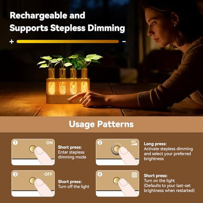 Rechargeable Plant Propagation Station with Stepless Dimming Lights | Wooden Stand, 4 Glass Test Tubes, Home Decor for Hydroponic Plants, Unique Gifts for Women & Plant Lovers