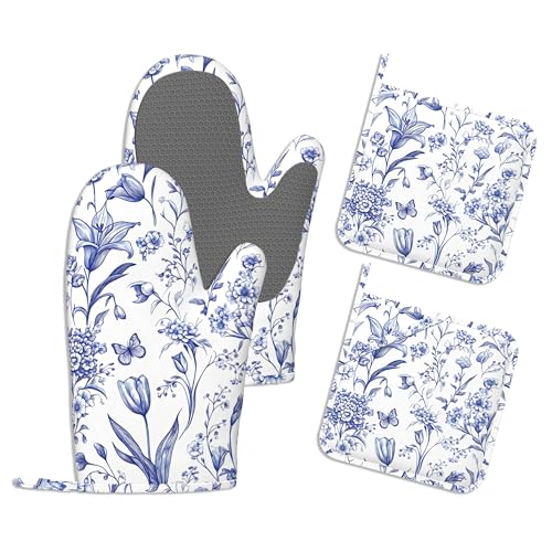 Rustic Blue Floral Oven Mitts and Pot Holders Sets,Extra Long Vintage Hydrangea Flowers Kitchen Mittens for Cooking,Thick Cotton Heat Resistant Silicone Cooking Utensils Set for Baking Cooking - color: Rustic Blue Floral