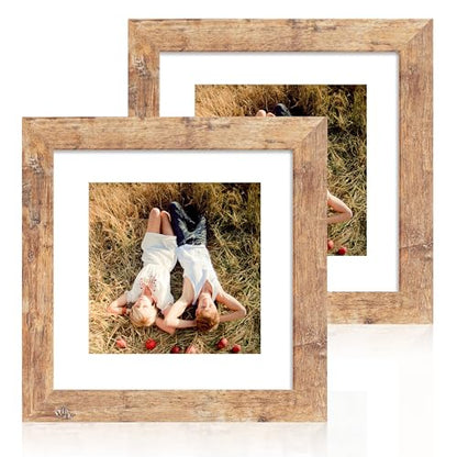 iRahmen 8x8 Picture Frame with Mat 6x6 - High Definition Real Glass Wooden Photo Frames for Tabletop Display and Wall Mounting (Rustic Brown, Set of 2) - color: Rustic Brown, size: 8X8
