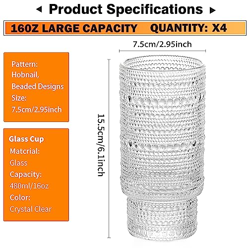 KEMORELA Elegant Highball Glassware Set - 16oz XL Glasses - Mixed Drinks, Iced Coffee, Beer, Juice, Water - Hobnail, Beaded Designs - Set of 4 | Stylish Collection for Any Occasion - color: 4PCS-16oz