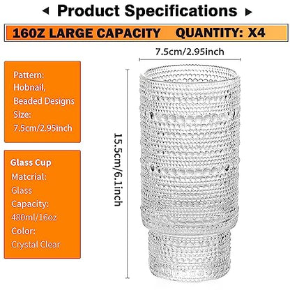 KEMORELA Elegant Highball Glassware Set - 16oz XL Glasses - Mixed Drinks, Iced Coffee, Beer, Juice, Water - Hobnail, Beaded Designs - Set of 4 | Stylish Collection for Any Occasion - color: 4PCS-16oz