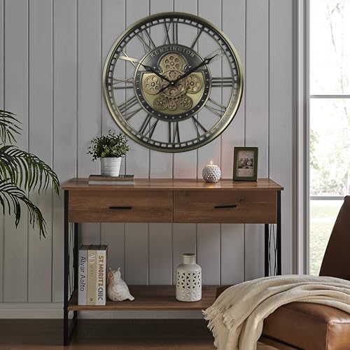 21" Metal Roman Numeral Wall Clock with Moving Gears, Gold | SIilent Non Ticking, Aluminum Dial, Unique Modern Wall Clocks for Living Room, Dinning Room, Entryway & Home Office - color: Roman Brass Gold, size: 21"