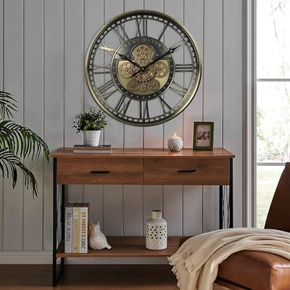 21" Metal Roman Numeral Wall Clock with Moving Gears, Gold | SIilent Non Ticking, Aluminum Dial, Unique Modern Wall Clocks for Living Room, Dinning Room, Entryway & Home Office - color: Roman Brass Gold, size: 21"