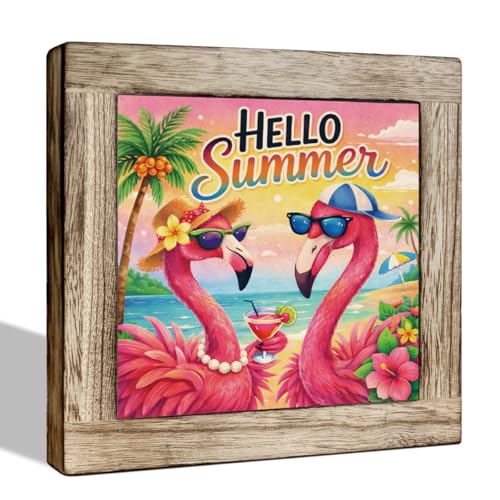Flamingo Hello Summer Wooden Table Decor, Rustic Beach House Sign for Living Room, Office, Indoor Decoration, Seasonal Summer Themed Decor, 5.9x5.9 Inches - color: Summer 28