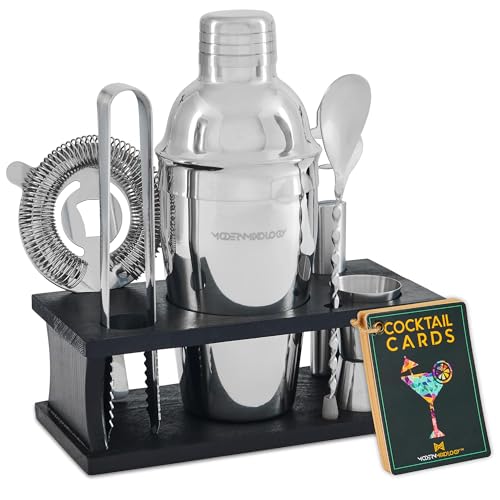 Cocktail Shaker Set - Bartender Kit with Pine Stand | Leak-Proof Design | Includes Martini Shaker, Jigger, Strainer, Spoon, Tongs | Perfect Bar Tools Gift for Home Mixology (Silver) - color: Silver / Dark Stand, size: 8 Pieces