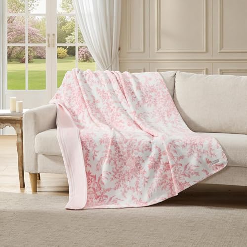 Laura Ashley - Plush Throw Blanket, 50x70, Soft and Warm with a Lightweight Feel, Reversible Floral Design with Stripe Reverse, Bedford Pink Pink - color: Bedford Stripe Pink