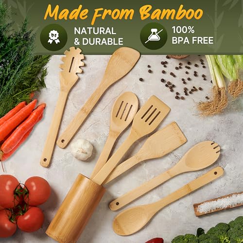 Bamboo Cooking Utensils Set 7 Pcs with Holder, Wooden Spoons for Nonstick | Easy to clean, sturdy, lightweight and heat resistant; eco-friendly and non-toxic; safe on delicate pans - size: 7 Pieces Extended