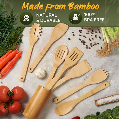 Bamboo Cooking Utensils Set 7 Pcs with Holder, Wooden Spoons for Nonstick | Easy to clean, sturdy, lightweight and heat resistant; eco-friendly and non-toxic; safe on delicate pans - size: 7 Pieces Extended