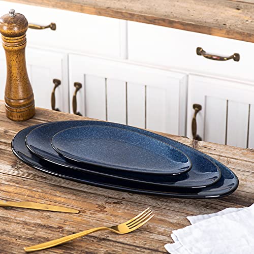 vicrays Large Oval Serving Platters, 16"/14"/10" Porcelain Serving Platters for Party, BBQ,Stackable Serving Trays Serving Plates for Appetizers, Sushi, Restaurant, Dessert, Set of 3 (Blue) - color: Blue