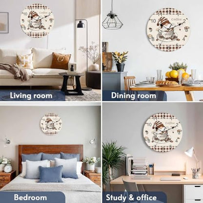 Silent PVC Wall Clock 12 Inch Round Wall Clock Gnomes Coffee Time Brown Plaid Hanging Clock for Kitchen Non Ticking Battery Operated Living Room Mute Clock - color: Coffeecbt3650, size: 12x12inch(30x30cm)
