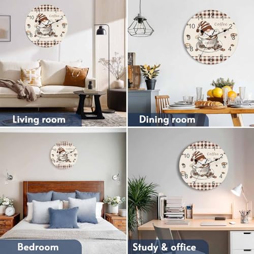 Silent PVC Wall Clock 10 Inch Round Wall Clock Gnomes Coffee Time Brown Plaid Hanging Clock for Kitchen Non Ticking Battery Operated Living Room Mute Clock - color: Coffeecbt3650, size: 10x10inch(25x25cm)