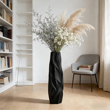 Black Tall Ceramic Floor Vase, 28 Inch, Pleated Wave Design | Matte Finish, Spacious Rooms, Statement Corners, Fireplace, Dried Branches - size: 28 Inch
