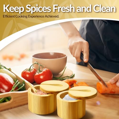 Flexzion Bamboo Salt Cellar with Lid and Spoon, Salt and Pepper Box, 2 Pack | 6 Oz Salt Containers for Countertop Storage with Magnetic Swivel Lids for Pepper, Spices, Sugar, Herbs, and Seasonings