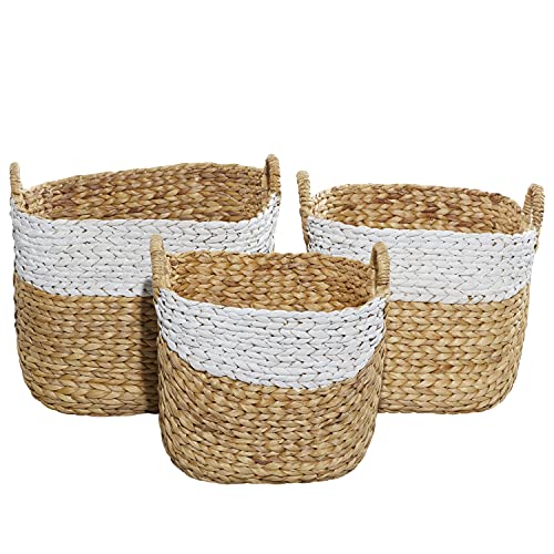 Deco 79 Seagrass Handmade Two Toned Storage Basket with Handles, Set of 3 19", 17", 15"W, Brown - size: 19" x 17" x 15"