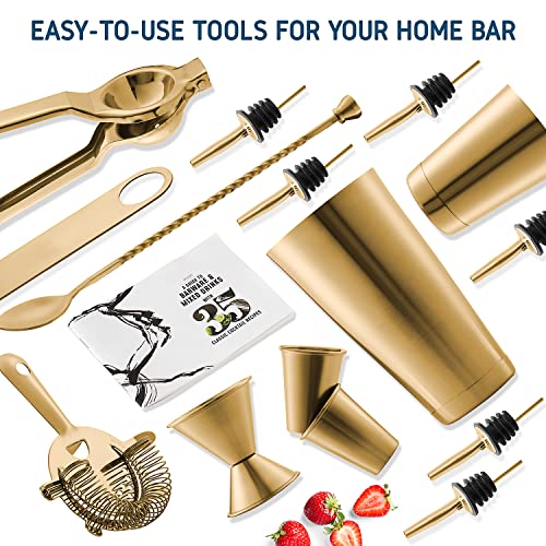 Bar Set Cocktail Shaker Set, Stainless Steel Mixology Bartender Kit, 16 Piece Cocktail Kit, Gold Cocktail Set, Bar Tools: 30oz Martini Shaker, Muddler, Bar Kit Cocktail Book, Jigger and Pourers - color: Gold, size: 16 Piece