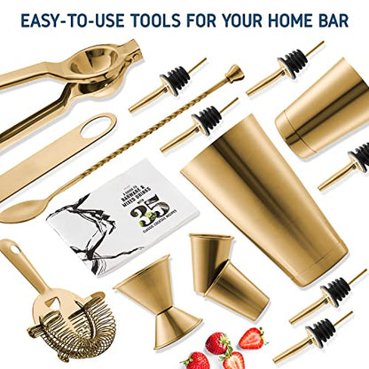 Bar Set Cocktail Shaker Set, Stainless Steel Mixology Bartender Kit, 16 Piece Cocktail Kit, Gold Cocktail Set, Bar Tools: 30oz Martini Shaker, Muddler, Bar Kit Cocktail Book, Jigger and Pourers - color: Gold, size: 16 Piece