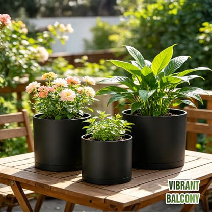 10/9/8 Inch Plant Pots 3 Pack, with Drainage Hole & Saucers | Cylindrical plastic planters with drainage holes & saucers. Modern matte finish, lightweight & durable for indoor/outdoor use - color: Matte Black