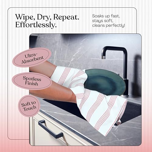Rust Stripe Dish Towels, 12 Pack, 100% Cotton, Super Absorbent and Quick Dry, Multi Pin Striped Kitchen Towel Set, Durable Wash Cloths for Kitchen Use, Cleaning & Drying Dishes - color: Rust, style: 12 Pack