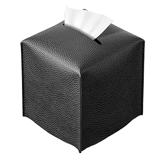 REGELETO Square Tissue Box Cover, Pu Leather Tissue Box Holder with Bottom Belt Modern Stylish Tissue Box Organizer for Bathroom, Bedroom, Hotel, Office Desk 5"X5"X5" (Black) - color: Single Black