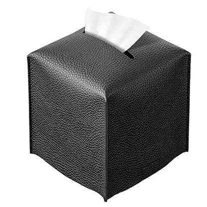 REGELETO Square Tissue Box Cover, Pu Leather Tissue Box Holder with Bottom Belt Modern Stylish Tissue Box Organizer for Bathroom, Bedroom, Hotel, Office Desk 5"X5"X5" (Black) - color: Single Black