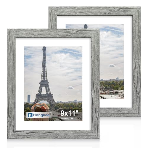 Hongkee 9x11 Picture Frame Set of 2, Made of Real Glass and Grey Wooden Frame - Display Pictures 7x9 with Mat or 9x11 Without Mat, 9 by 12 Photo for Wall or Tabletop - color: Grey, size: 9X11 in