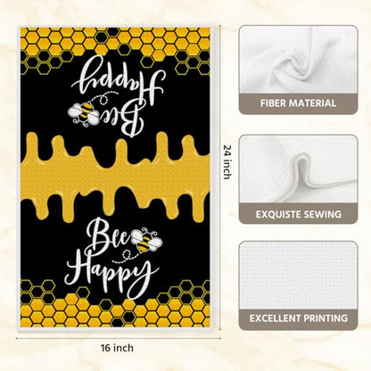 Cute Bee Black Yellow Kitchen Towels 24x14 Inch, Honey Print Hand Towels for Kitchen Home Farmhouse, Absorbent Microfiber Dish Cloth Tea Towel, Housewarming Gifts for Women Mom, Bee Happy - color: Lm 341