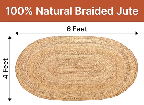 MDS® Pack of 1 Handwoven Braided Jute Area Rug 4x6 feet Oval - 100% Natural Burlap Reversible Accent Rugs for Home Decor, Living Room, Doormat, Kitchen, Entryway Rug, Rustic, Farmhouse (4'x6') - size: 4ft x 6ft