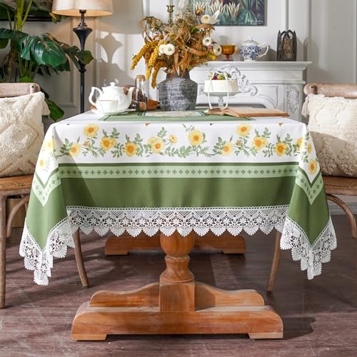 SUTAVIA Tablecloth Rectangular 60”x84” Green Printing Embroidery Lace | Farmhouse Summer Table Cloth Country Sunflower Bird Leaves Table Cover for Home Dining Table Holiday Garden - color: Green, size: 84" x 60" (Rectangular)