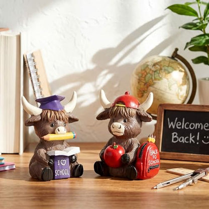 Wesiti 2 Pcs Back to School Highland Cow Figurines Decor | Gnomes Scottish Resin Statue, Calf Lovers Gifts, for Farmhouse Home Garden Kitchen Office, Table Shelf Tiered Tray Decor - style: Back to School