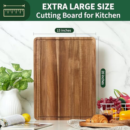 20 Inch Large Acacia Wood Cutting Board, 1.3 Inch Thick Reversible Butcher Block for Kitchen, Large Charcuterie & Cheese Board with Deep Juice Groove, for Serving, Meat, Vegetables - size: 20"L x 15"W
