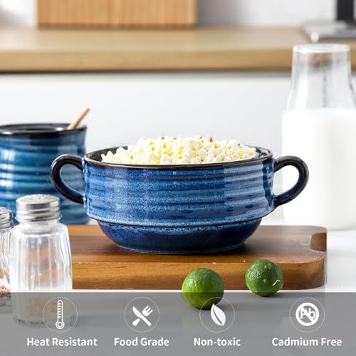 HASENSE French Onion Soup Bowls with Handles, 20 Oz Ceramic Soup Crocks Set of 2, Stackable Serving Bowls for Chili, Stew, Cereal & Pasta, Microwave Dishwasher Safe, Blue Farmhouse Kitchenware - color: Blue, size: Set of 2